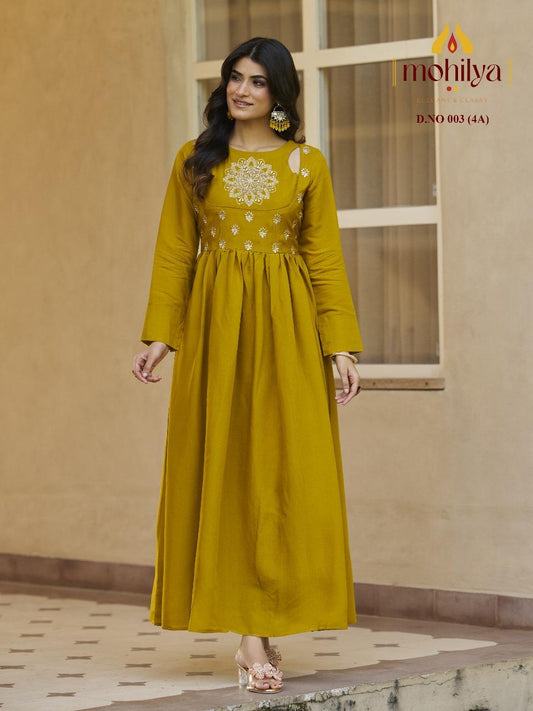 Golden Mustard Elegance Dress with Floral Embroidery